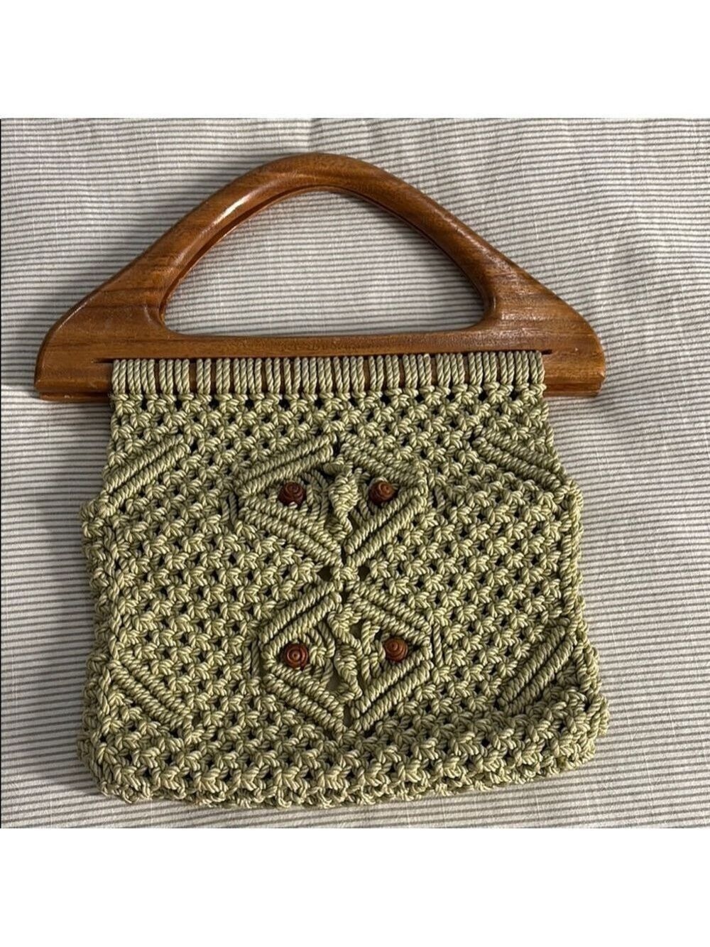 Vintage Handcrafted Macramé Bag Wooden Handles top opening purse beige brown